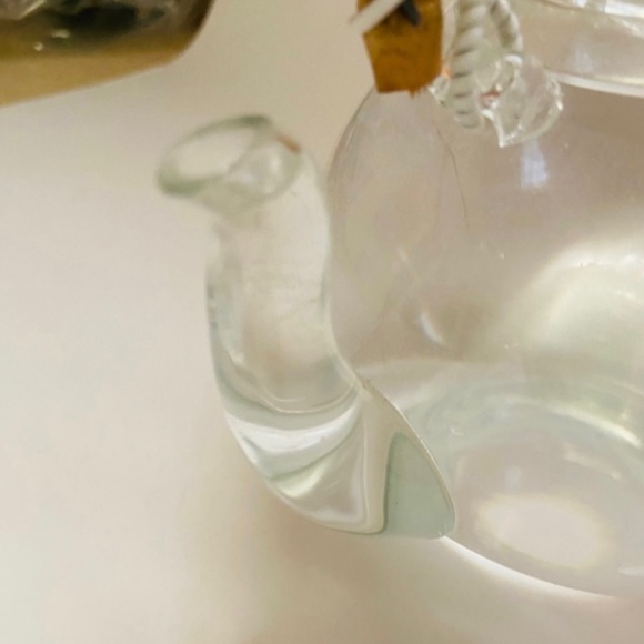 Vintage Hand Blown Teapot With Lid and Bamboo Handle and Red Etched Flowers - Picture 3 of 7